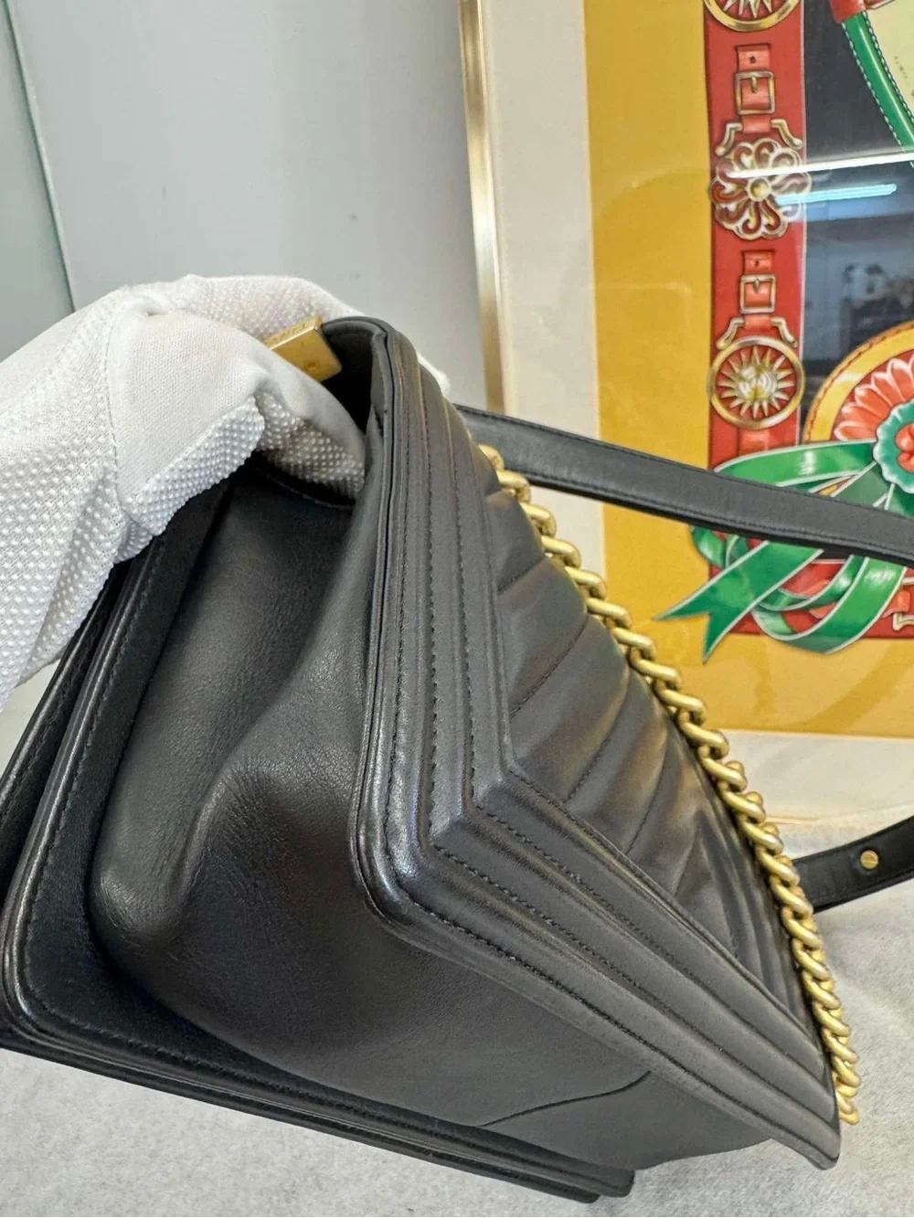CHANEL Black Chevron Lambskin LeBoy Shoulder Bag with Gold Hardware
